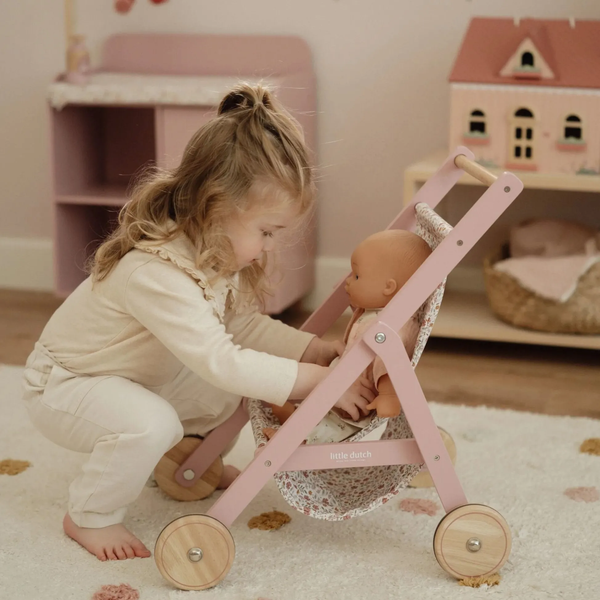 Houten poppenbuggy - Roze - Essentials